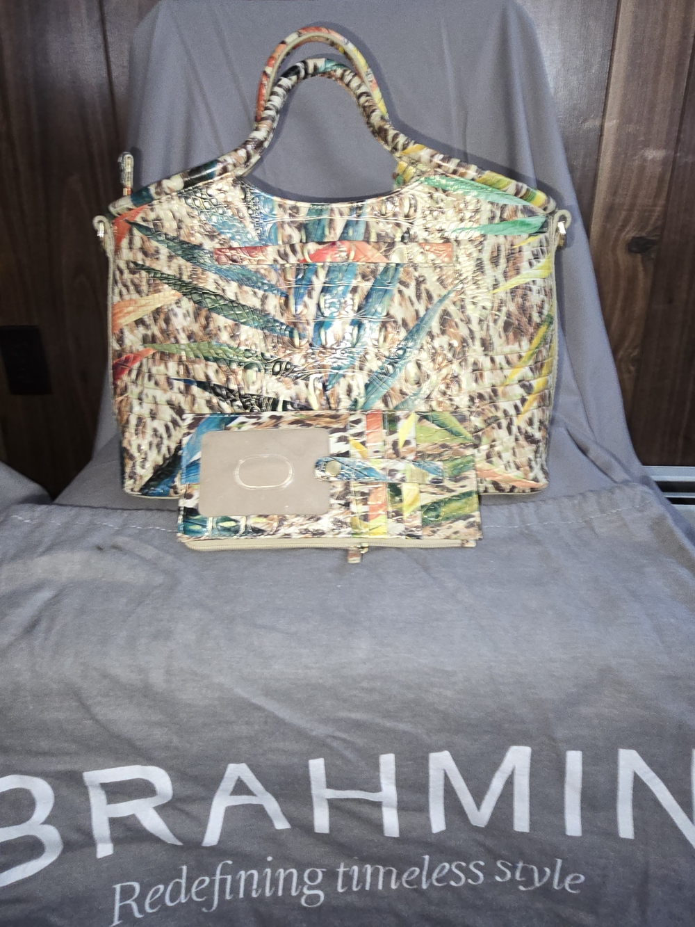 Brahmin Multicolor Embossed Leather Satchel with Wristlet - Picture 2 of 4